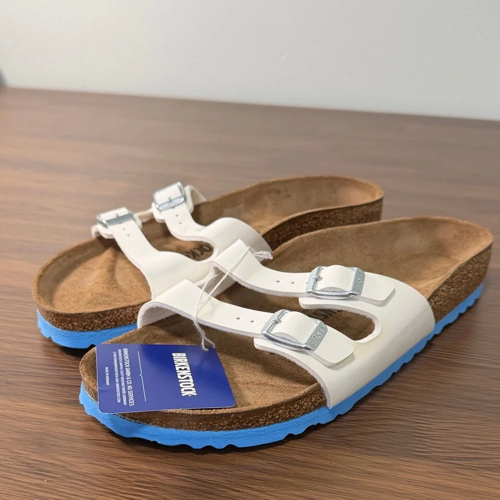Birkenstock Women’s White‎ Sandals with Blue Outsole